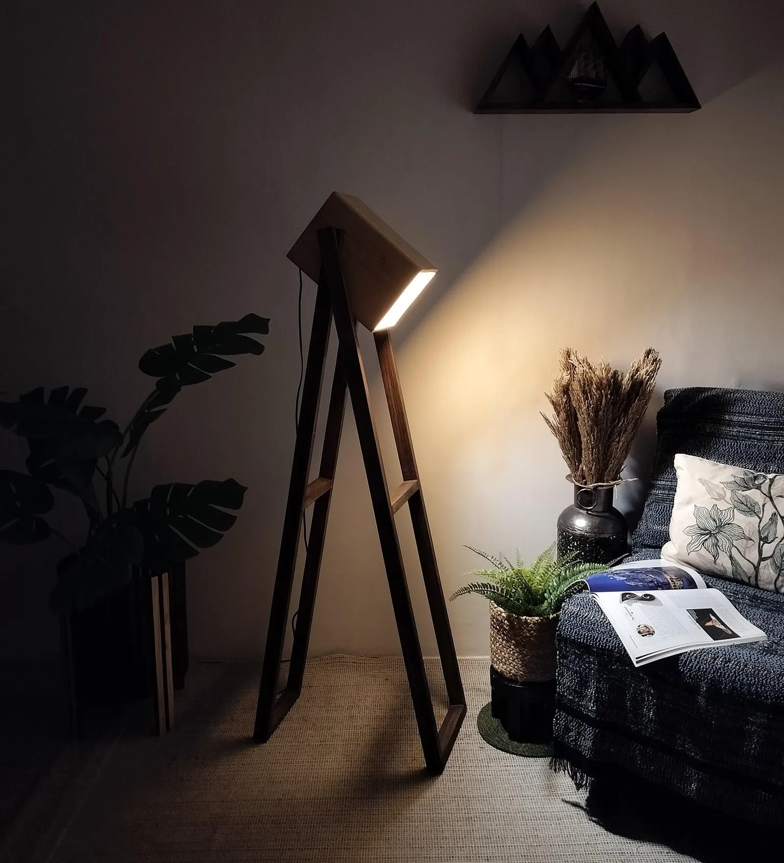 Focal Wooden Floor Lamp with Brown Base and Beige Wooden Lampshade