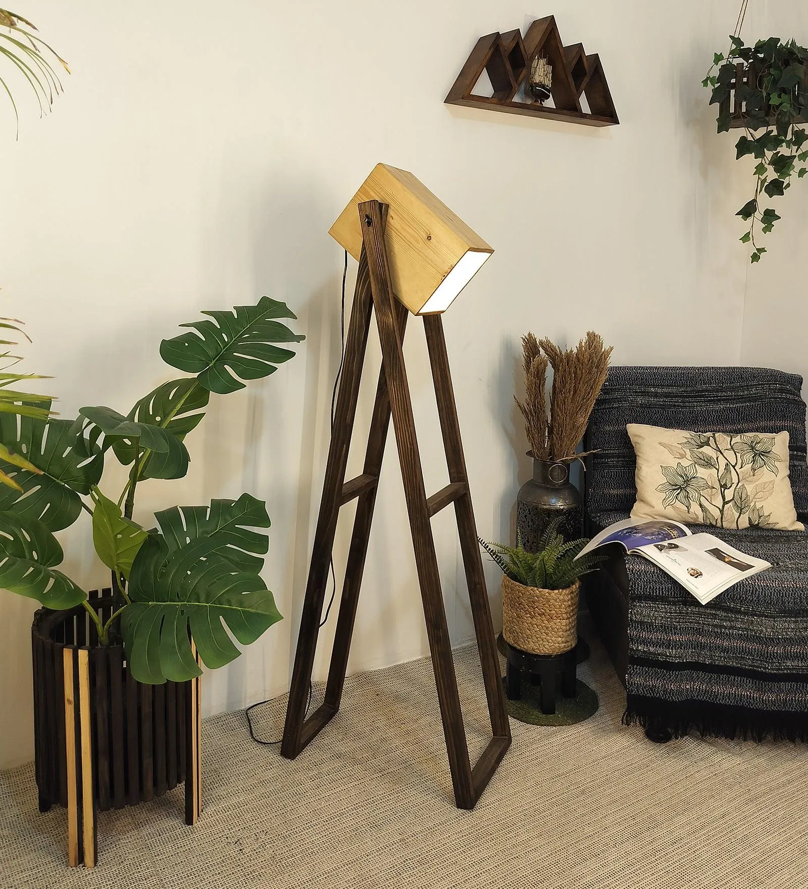 Focal Wooden Floor Lamp with Brown Base and Beige Wooden Lampshade