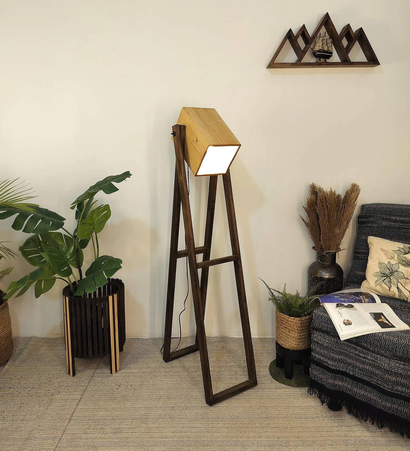 Focal Wooden Floor Lamp with Brown Base and Beige Wooden Lampshade