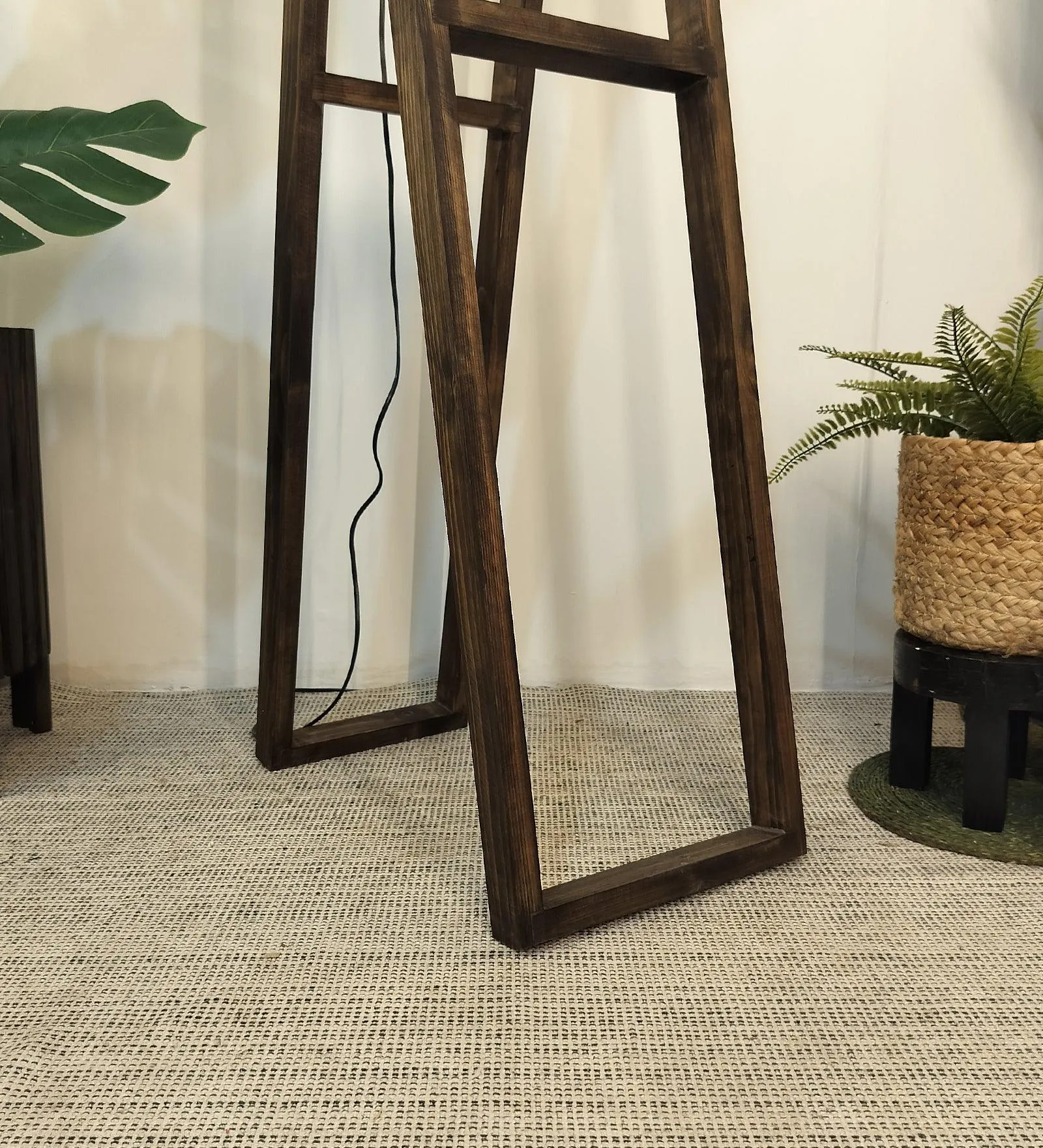 Focal Wooden Floor Lamp with Brown Base and Beige Wooden Lampshade