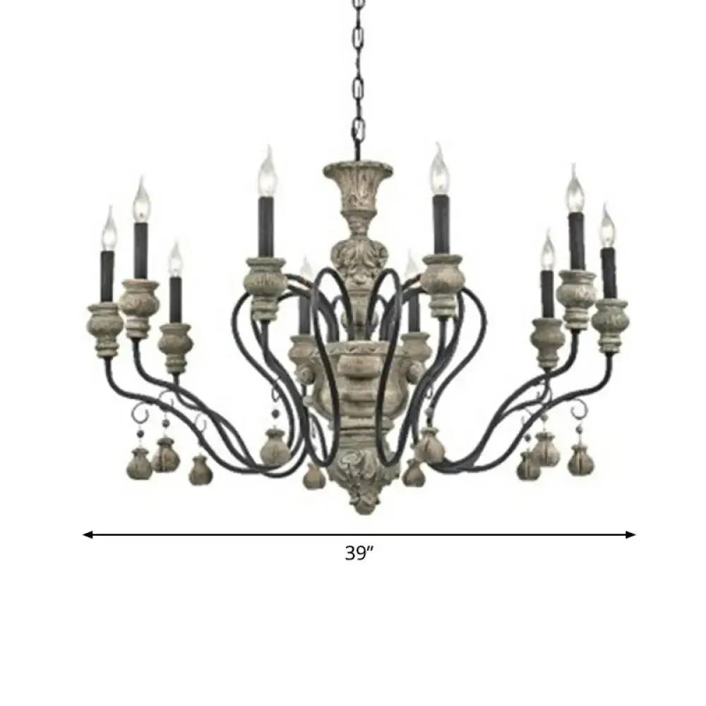 French Country Resin Candlestick Chandelier - Elegant Hanging Lamp for Dining Room in Black-Grey