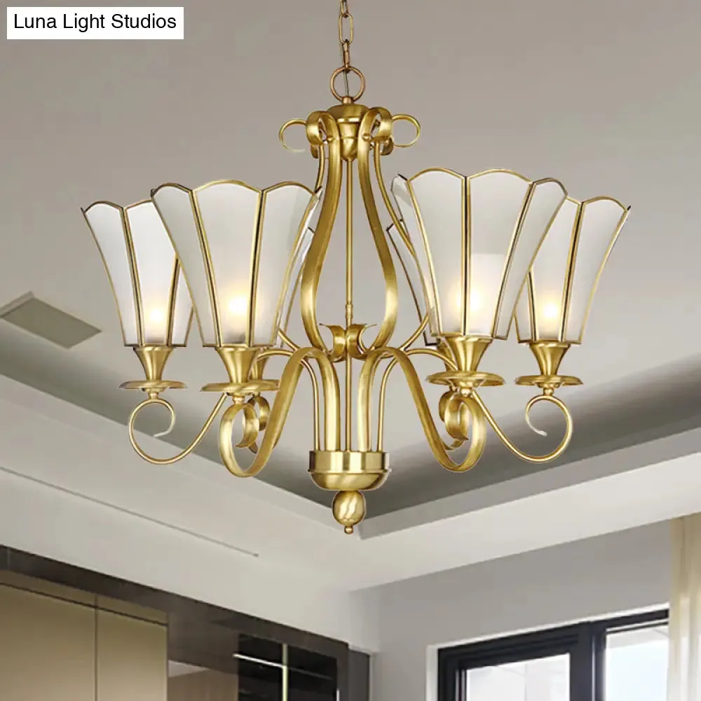 Frosted Glass Floral Pendant Chandelier - White, Colonialist Design, Brass Finish, 6 Lights - Ideal for Bedroom Lighting