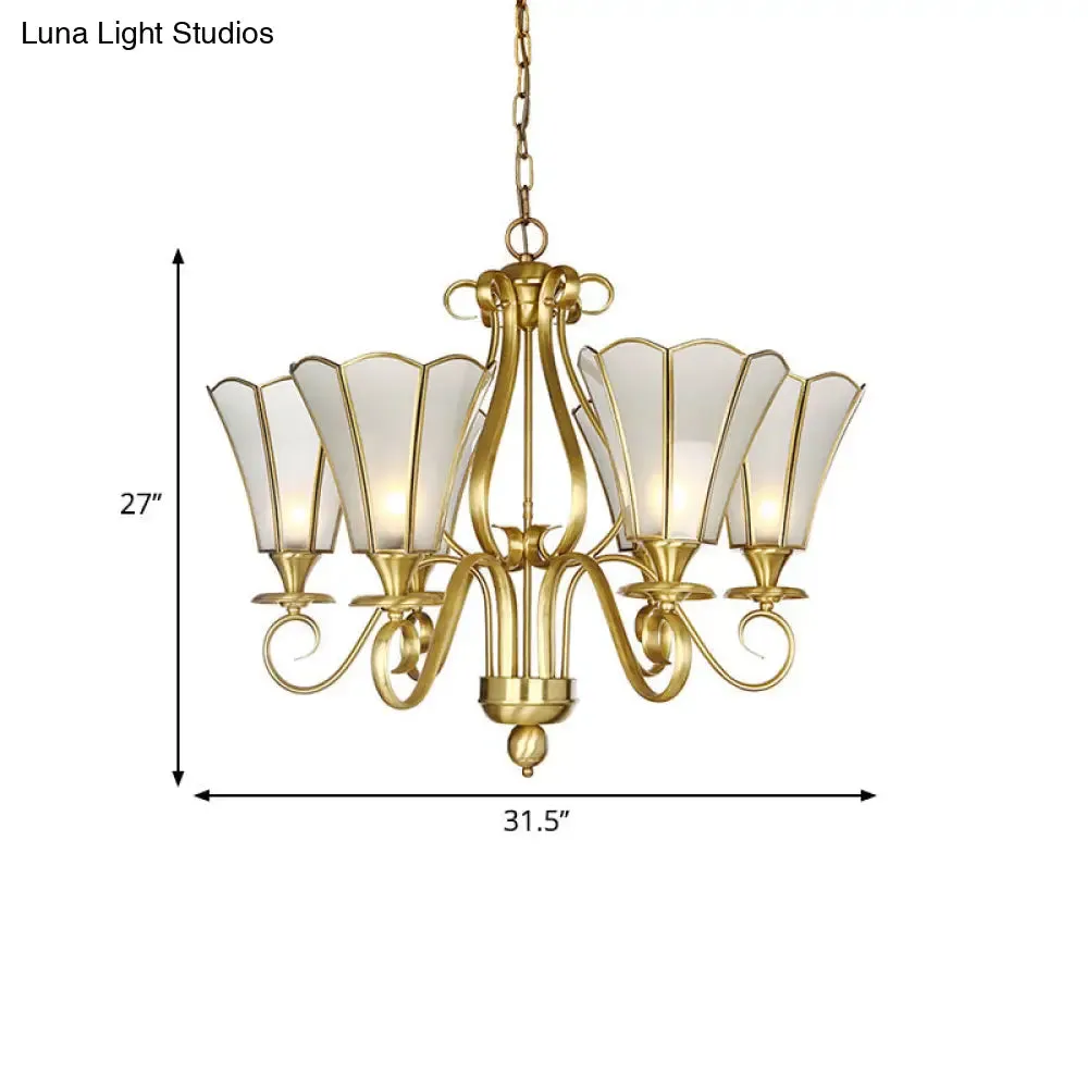 Frosted Glass Floral Pendant Chandelier - White, Colonialist Design, Brass Finish, 6 Lights - Ideal for Bedroom Lighting