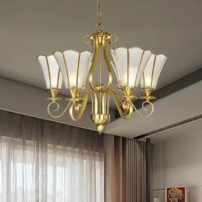 Frosted Glass Floral Pendant Chandelier - White, Colonialist Design, Brass Finish, 6 Lights - Ideal for Bedroom Lighting