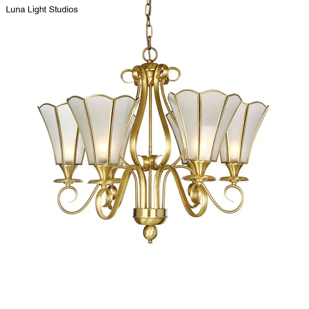 Frosted Glass Floral Pendant Chandelier - White, Colonialist Design, Brass Finish, 6 Lights - Ideal for Bedroom Lighting