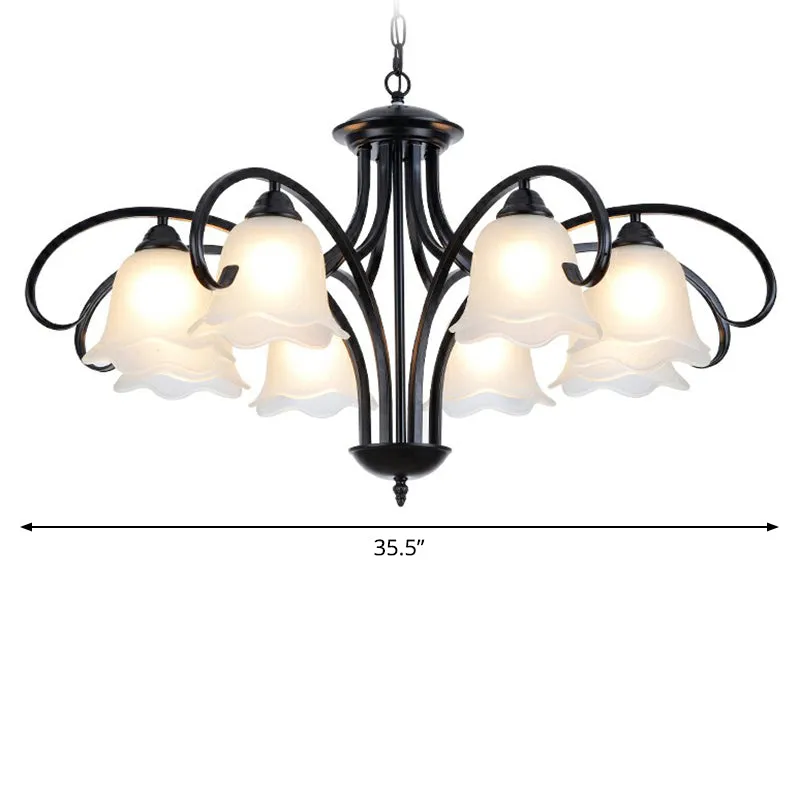 Frosted White Glass Floral Chandelier - Country Style Bedroom Ceiling Suspension Lamp (Black)