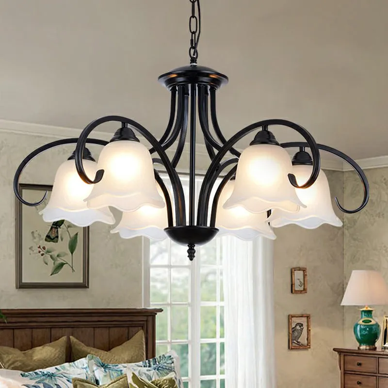 Frosted White Glass Floral Chandelier - Country Style Bedroom Ceiling Suspension Lamp (Black)