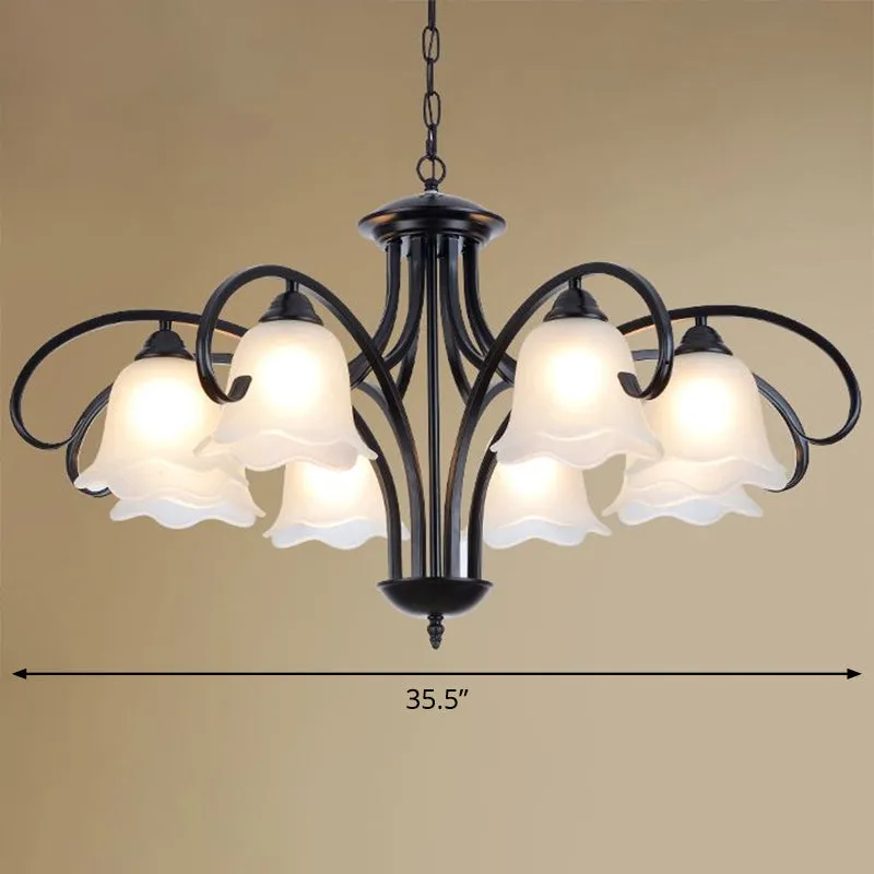 Frosted White Glass Floral Chandelier - Country Style Bedroom Ceiling Suspension Lamp (Black)