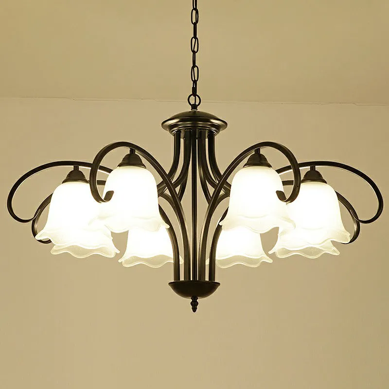 Frosted White Glass Floral Chandelier - Country Style Bedroom Ceiling Suspension Lamp (Black)