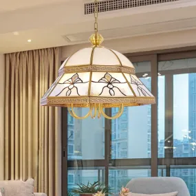 Gold Colonial Dome Pendant Chandelier - 6-Head Sandblasted Glass Fixture