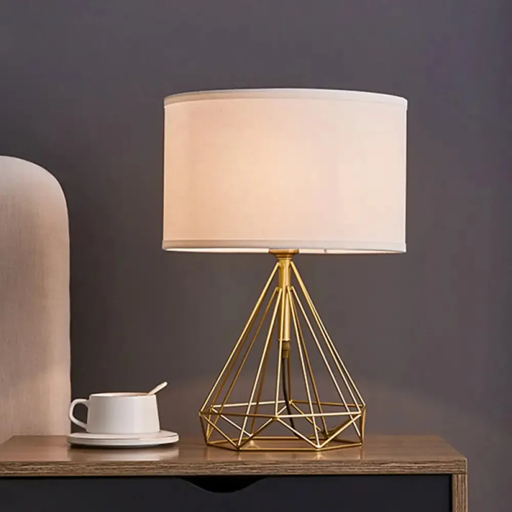 Gold Diamond Cage Table Light - Minimalist Metallic Bedside Lamp with White Fabric Shade