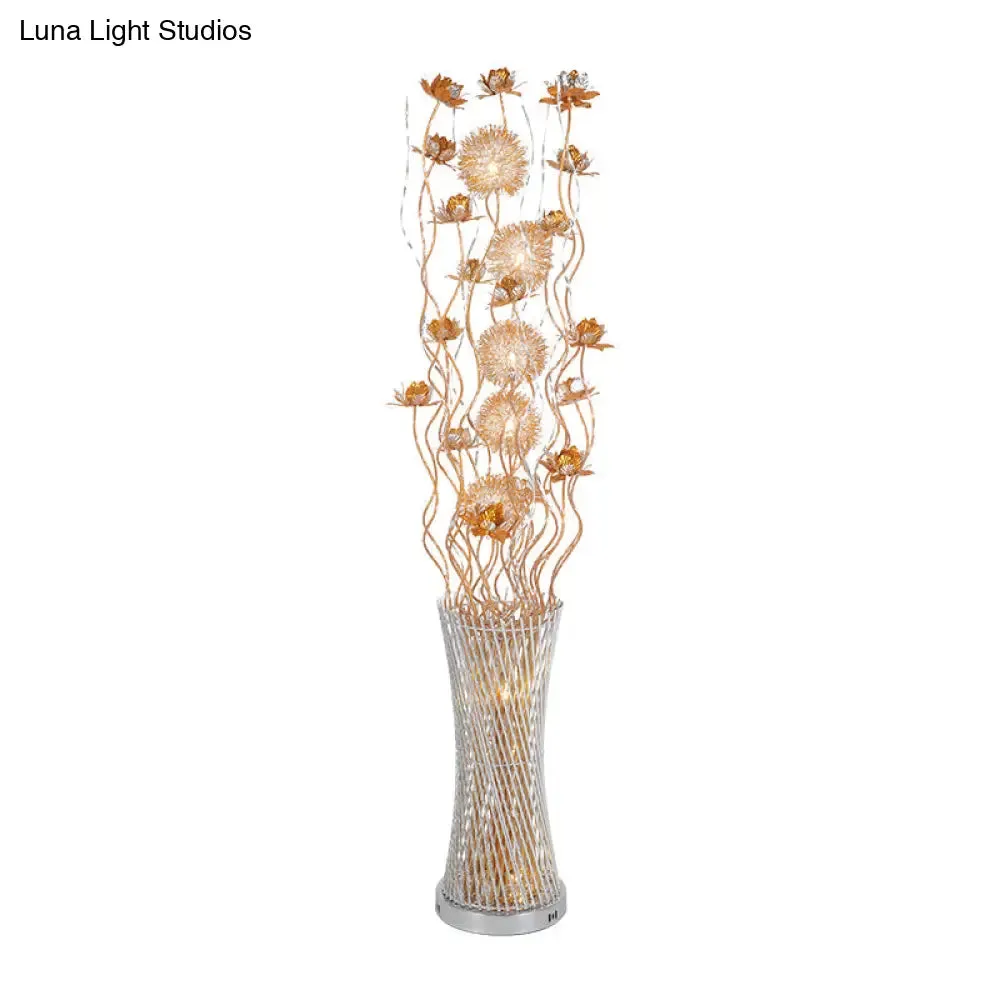 Gold Floral LED Floor Lamp - Aluminum Cylinder Art Decor with White/Warm Light