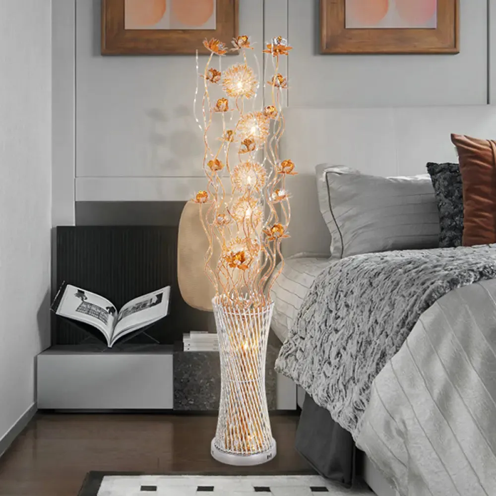 Gold Floral LED Floor Lamp - Aluminum Cylinder Art Decor with White/Warm Light