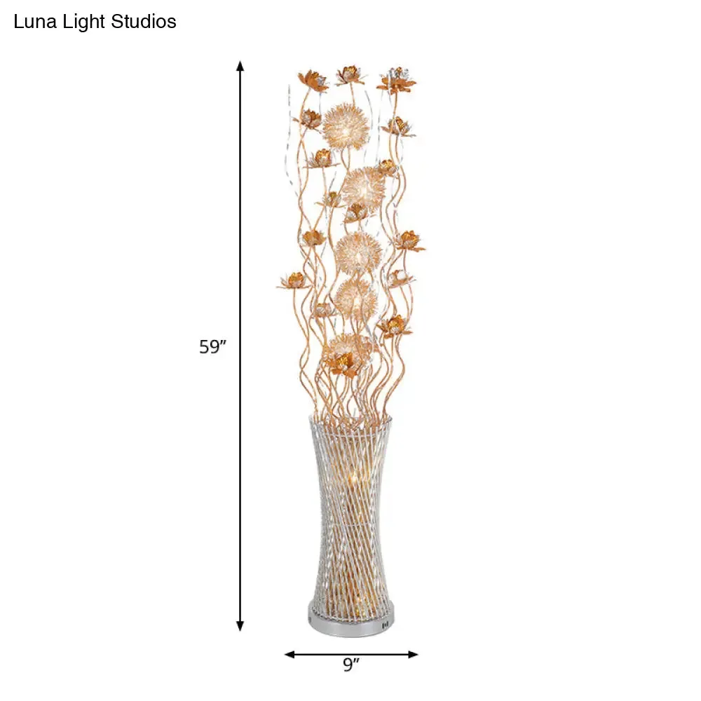 Gold Floral LED Floor Lamp - Aluminum Cylinder Art Decor with White/Warm Light