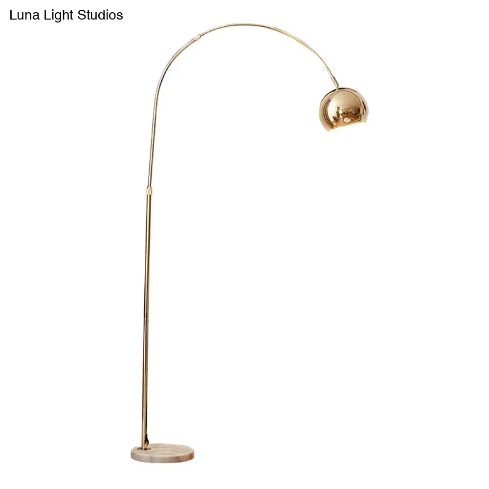 Gold Metal Arched Arm Floor Lamp with Marble Base - Simple 1-Light Bedside Standing Light