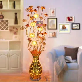 Gold Metal Curvy Urn Shape Bedside Lamp with Floral Design LED Floor Lighting