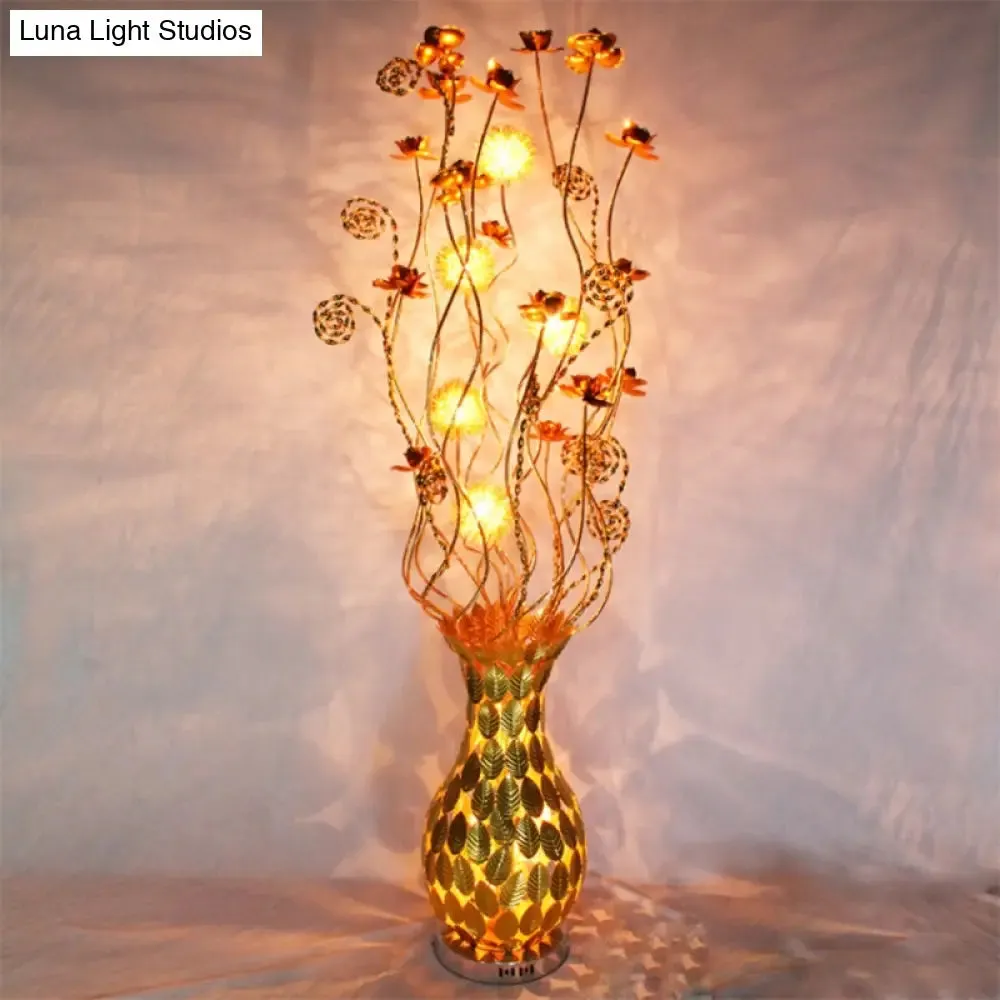 Gold Metal Curvy Urn Shape Bedside Lamp with Floral Design LED Floor Lighting