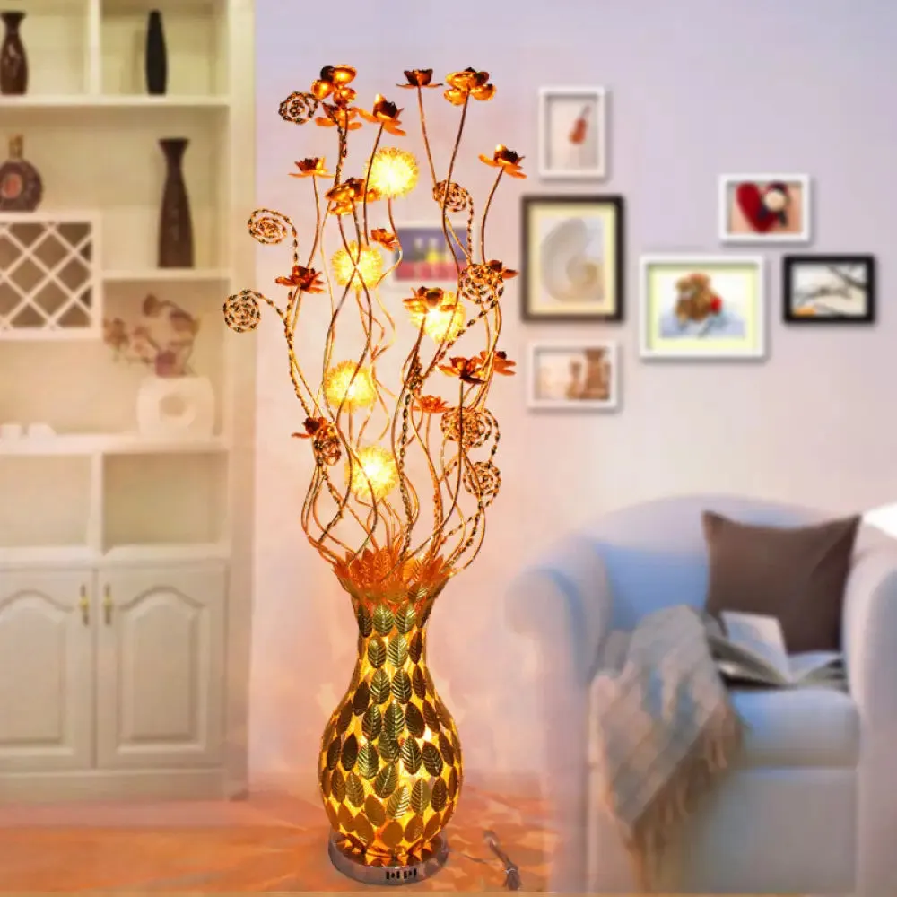 Gold Metal Curvy Urn Shape Bedside Lamp with Floral Design LED Floor Lighting