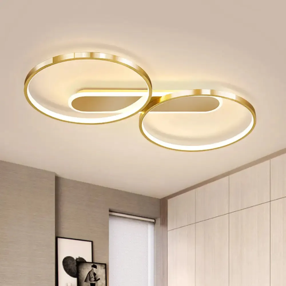 Gold Metal LED Bedroom Flush Ceiling Light - Minimalist Dual Loop Design, Warm/White Light