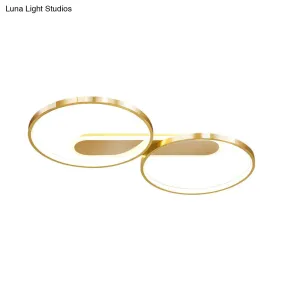 Gold Metal LED Bedroom Flush Ceiling Light - Minimalist Dual Loop Design, Warm/White Light