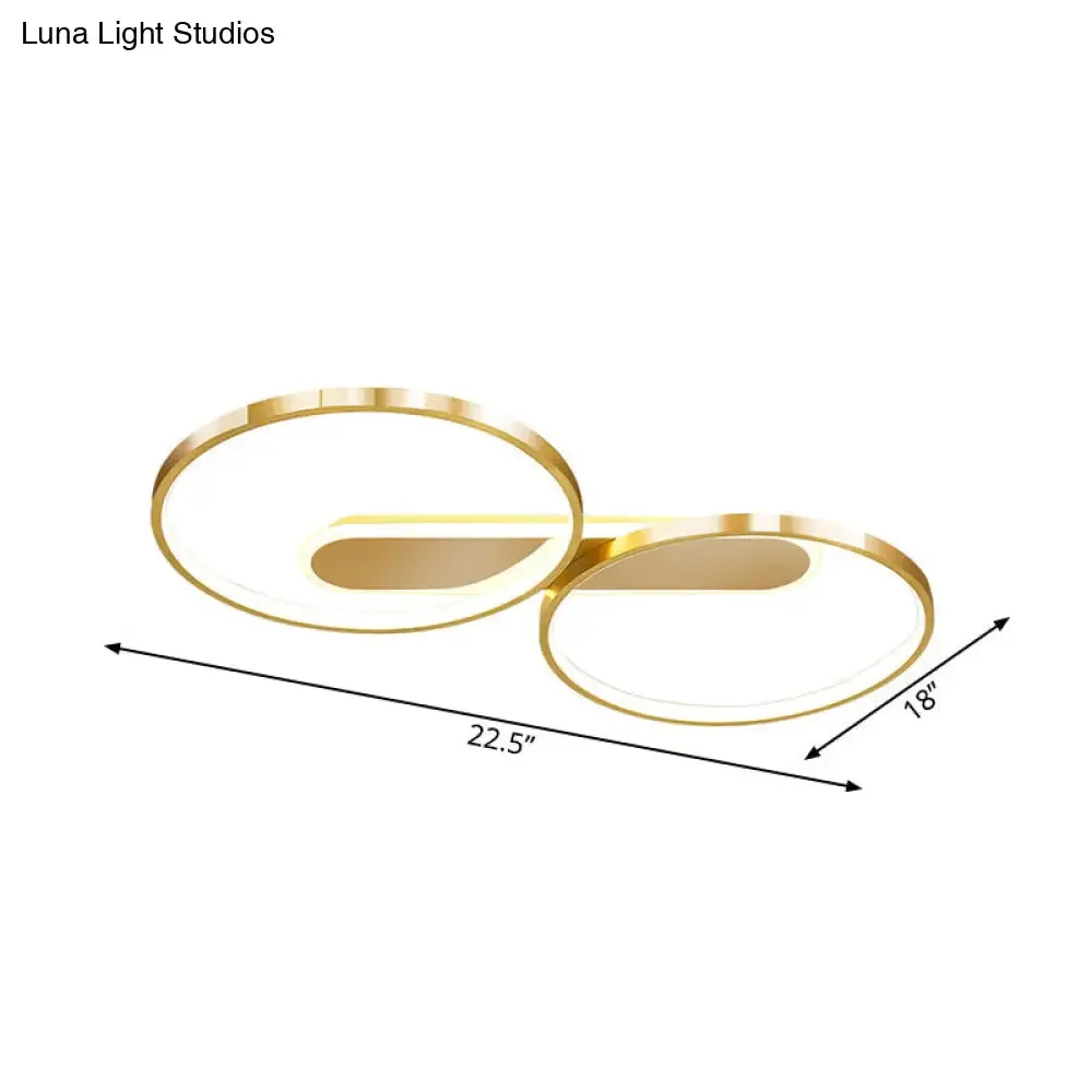 Gold Metal LED Bedroom Flush Ceiling Light - Minimalist Dual Loop Design, Warm/White Light