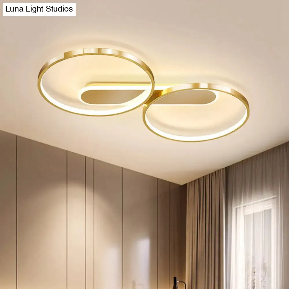 Gold Metal LED Bedroom Flush Ceiling Light - Minimalist Dual Loop Design, Warm/White Light