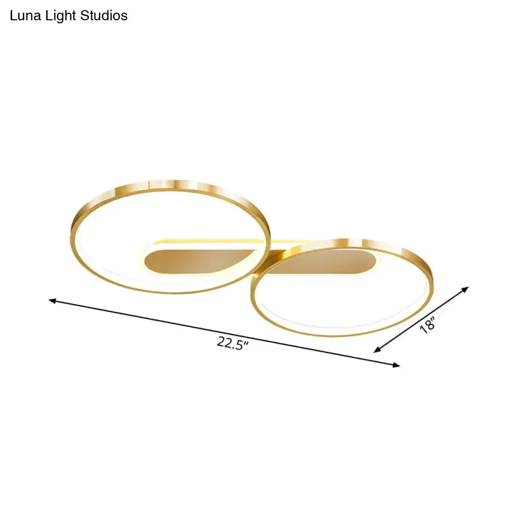 Gold Metal LED Bedroom Flush Ceiling Light - Minimalist Dual Loop Design, Warm/White Light