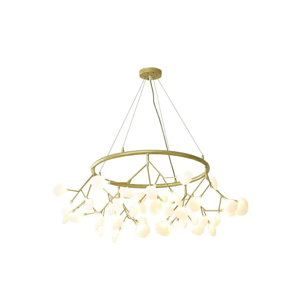 Golden Pendant Chandelier with Leaf Acrylic Shade - 45-Bulb Artistic Living Room Lamp