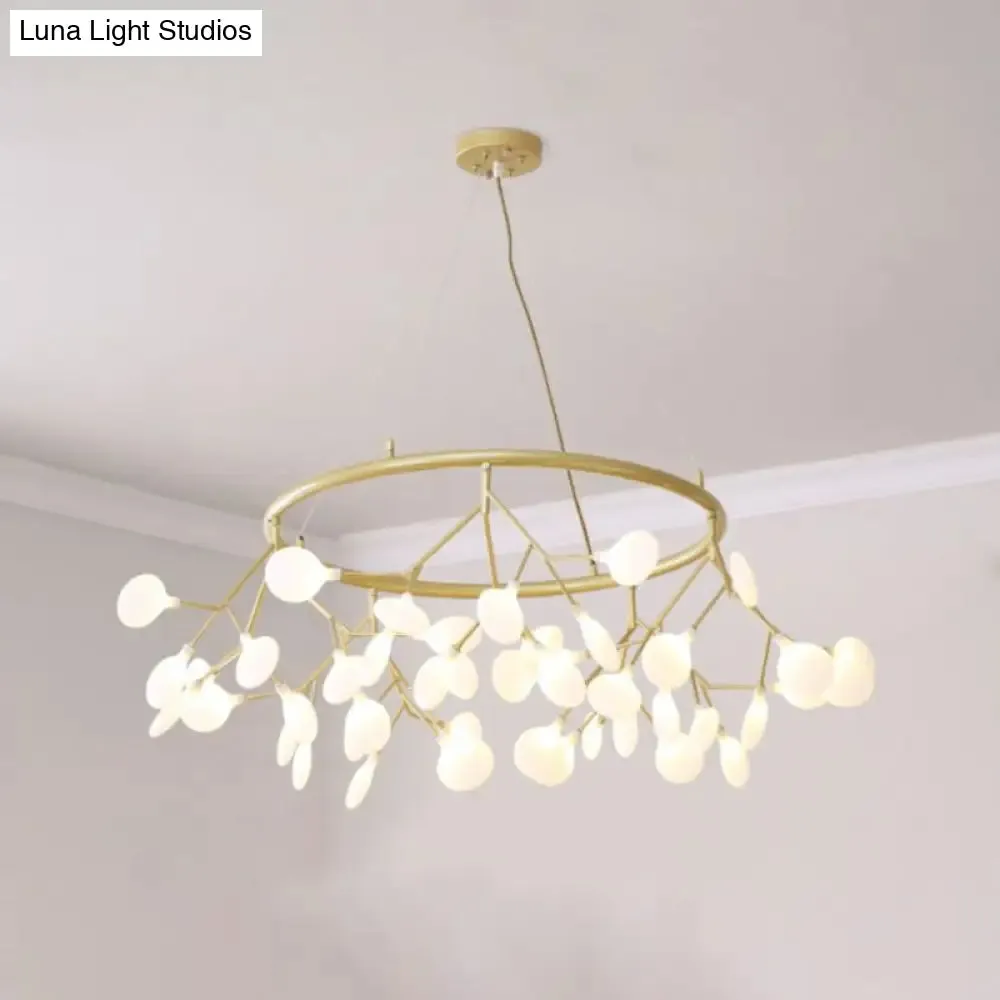 Golden Pendant Chandelier with Leaf Acrylic Shade - 45-Bulb Artistic Living Room Lamp