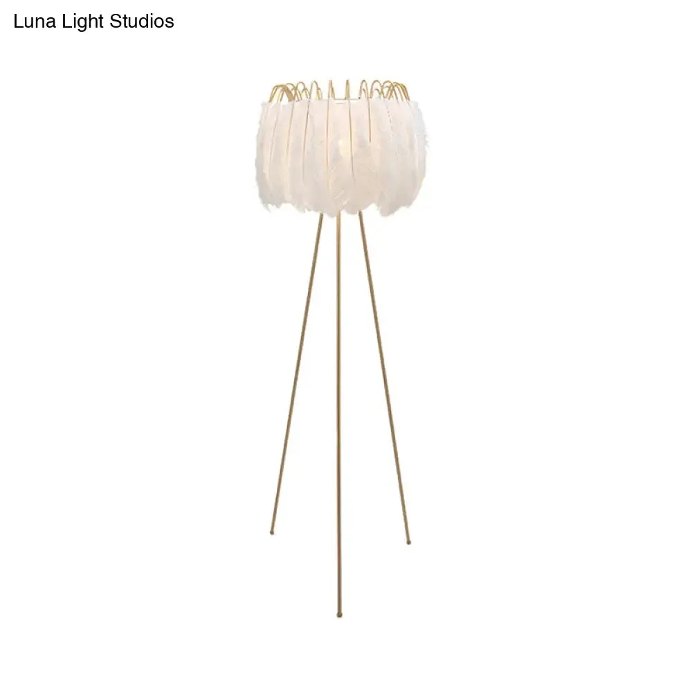 Goose Feather Tripod Drum Floor Lamp - Brass and White