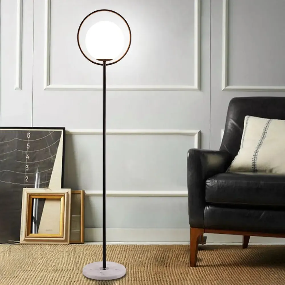 Halo Ring Minimal Metal Floor Lamp with White Glass Shade