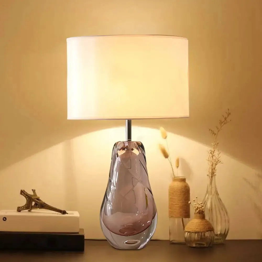 Handblown Glass Pear Living Room Table Lamp, Modern White Nightstand Light with Fabric Drum Shade