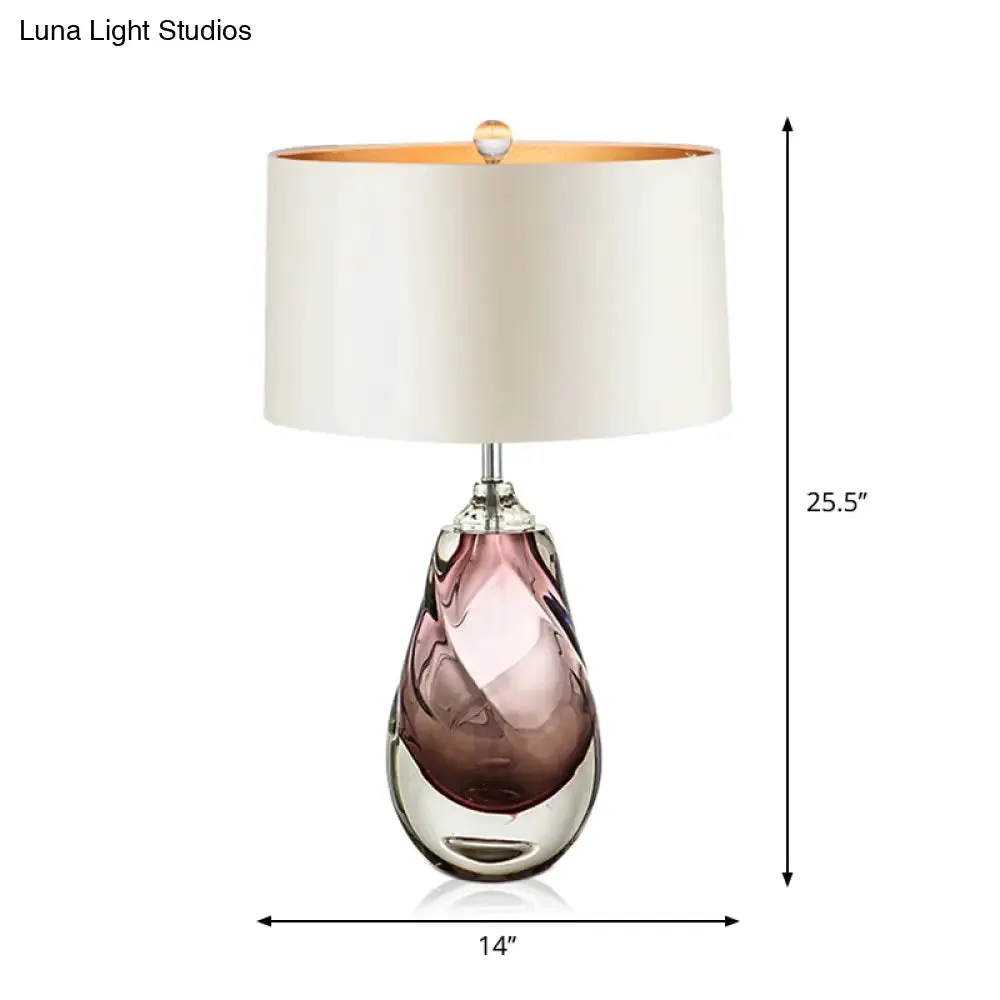 Handblown Glass Pear Living Room Table Lamp, Modern White Nightstand Light with Fabric Drum Shade