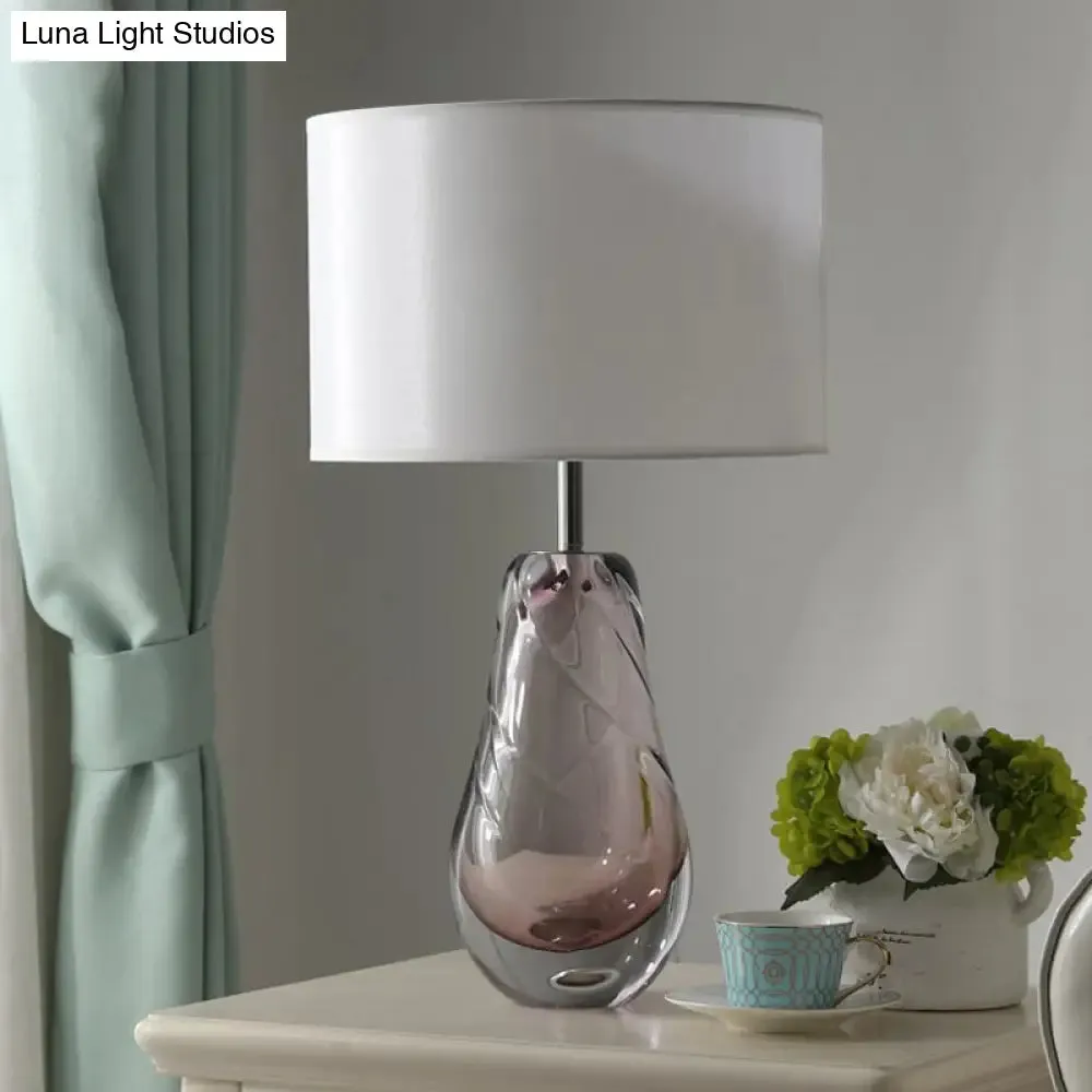 Handblown Glass Pear Living Room Table Lamp, Modern White Nightstand Light with Fabric Drum Shade