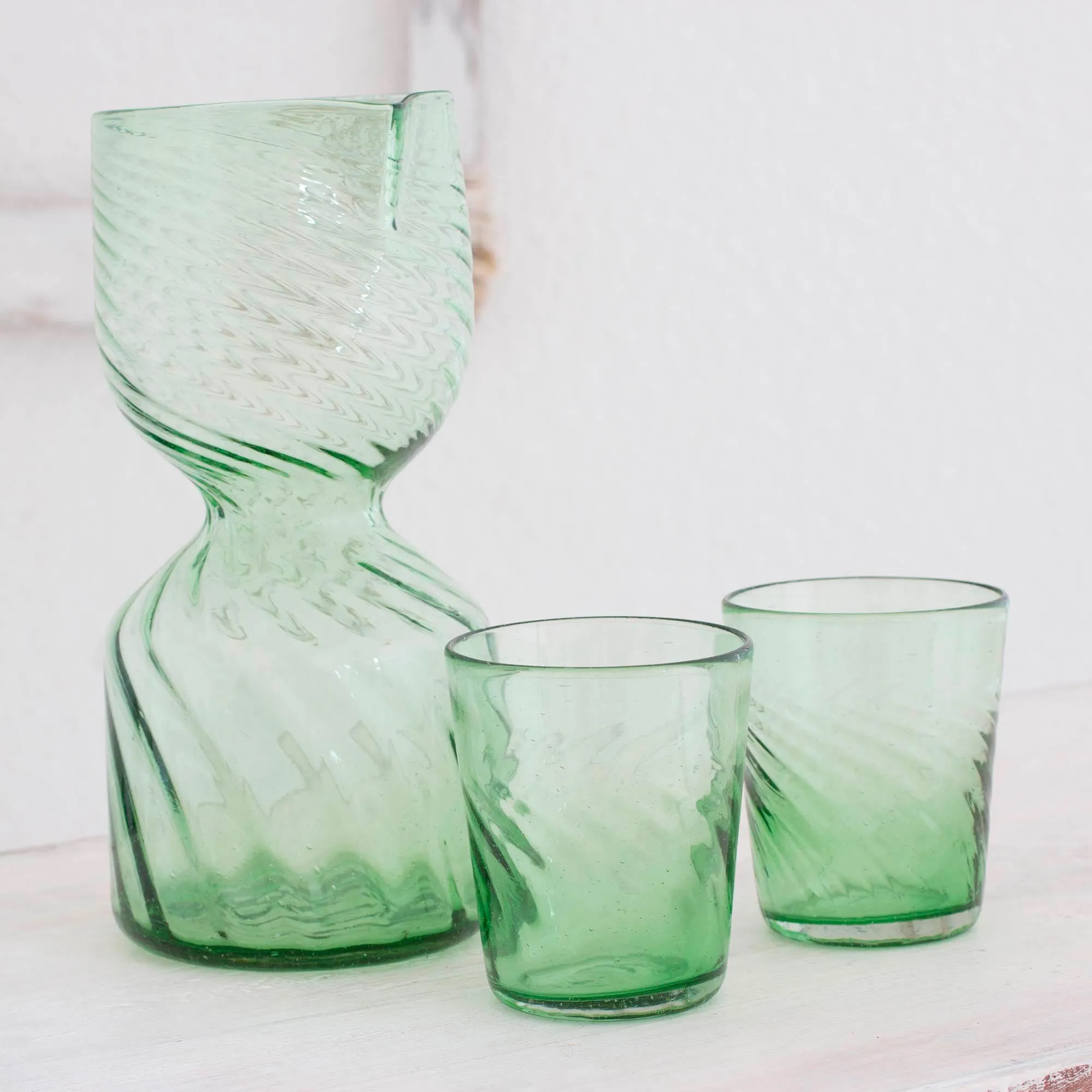 Handblown Green Recycled Glass Pitcher Set for 2  - Cool Chalice | NOVICA