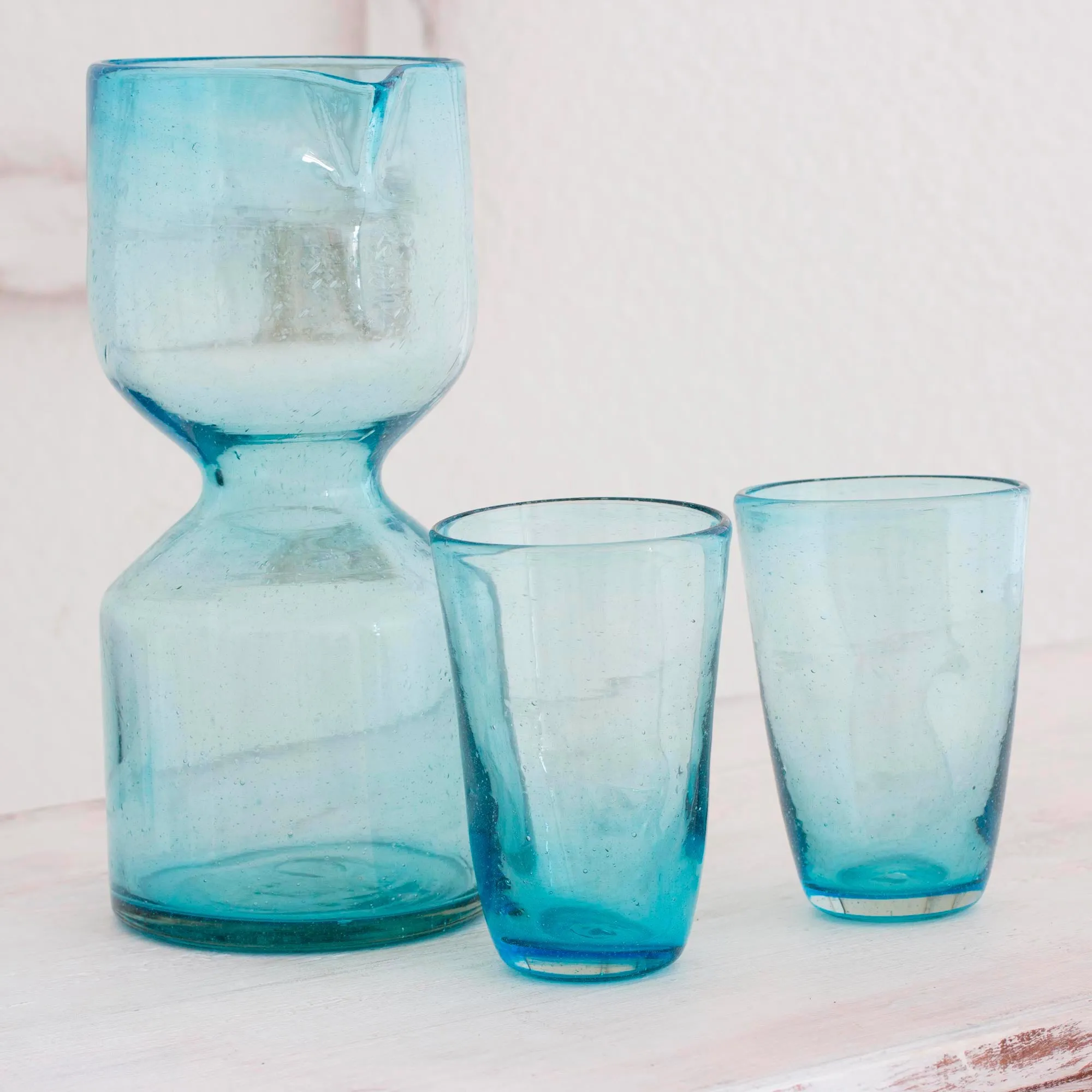 Handblown Recycled Glass Pitcher Set for 2 - Azure Chalice | NOVICA