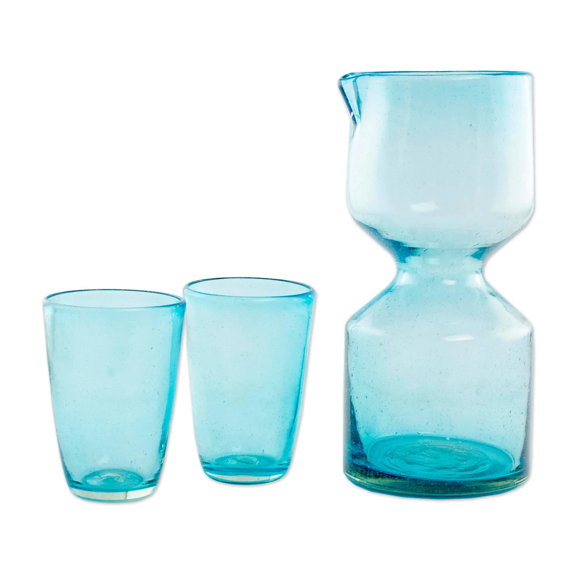 Handblown Recycled Glass Pitcher Set for 2 - Azure Chalice | NOVICA