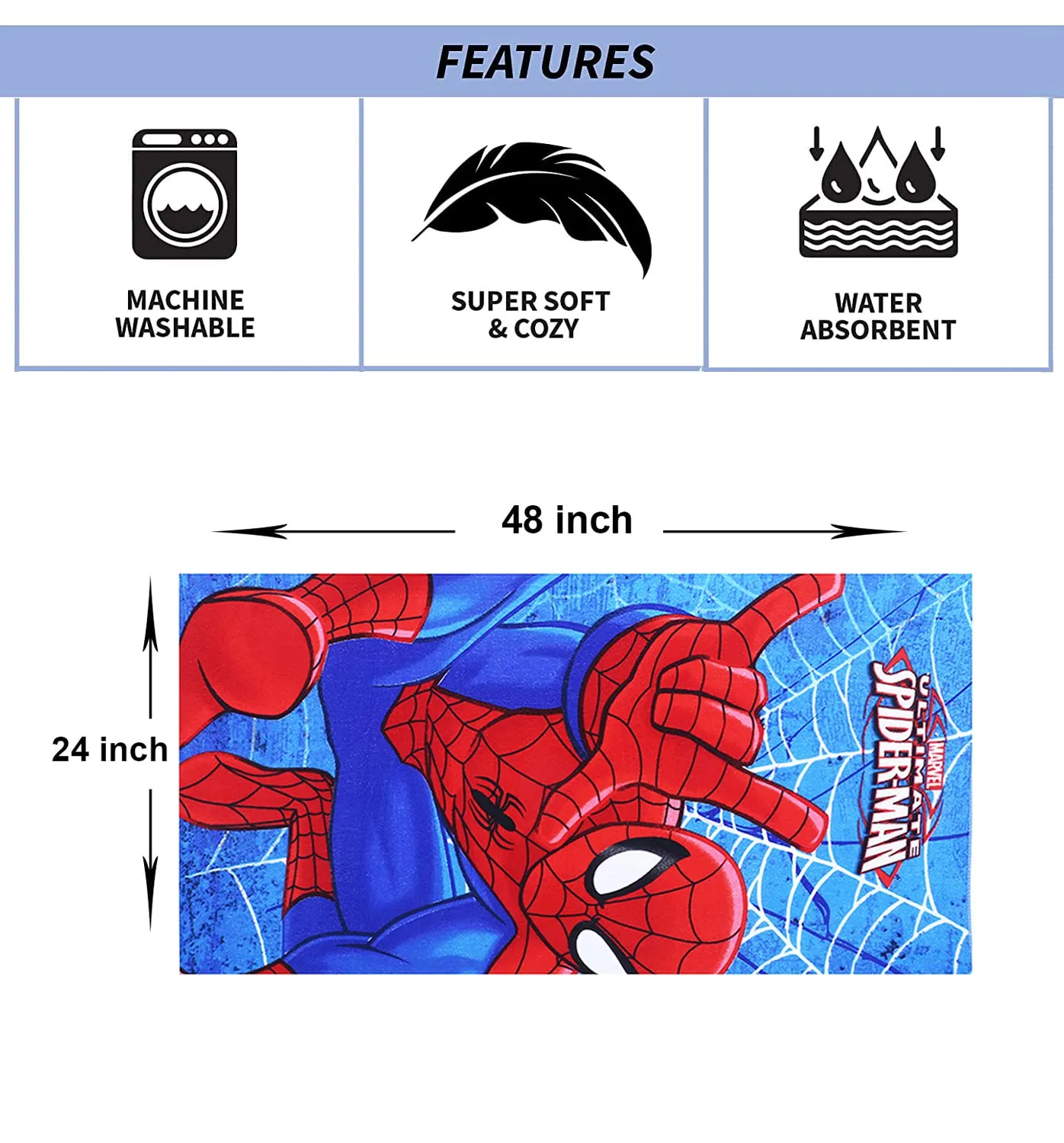 Heart Home Marvel Spiderman Kids Bath Towel|Soft Cotton Towel for Kids|Sides Stitched Baby Towel|400 GSM Toddler Bath Towel|24x48 Inch (Red)