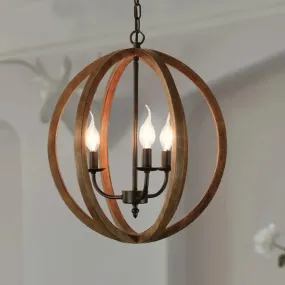 Industrial 3-Light Wooden Sphere Chandelier Pendant for Dining Room in Brown