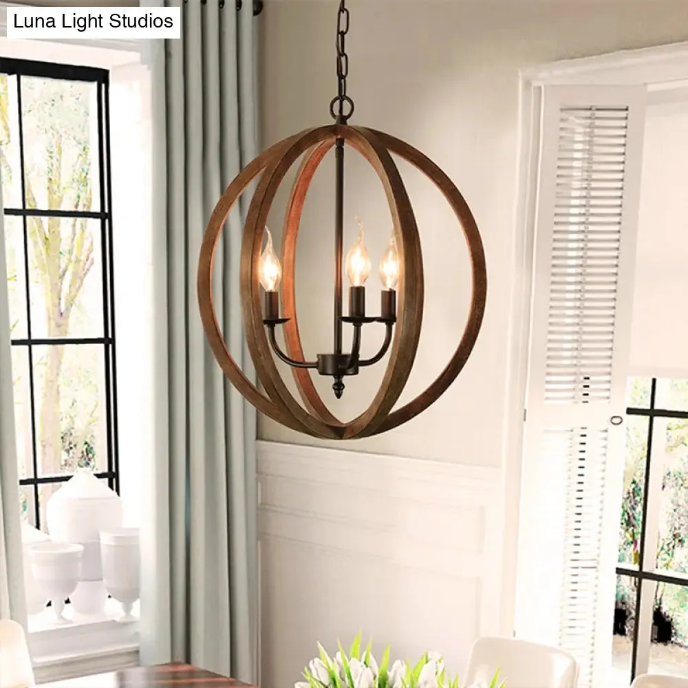 Industrial 3-Light Wooden Sphere Chandelier Pendant for Dining Room in Brown