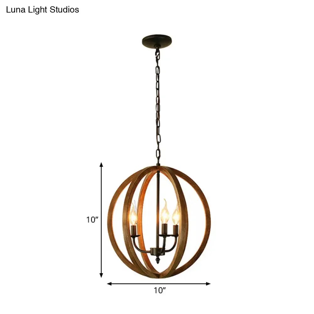 Industrial 3-Light Wooden Sphere Chandelier Pendant for Dining Room in Brown