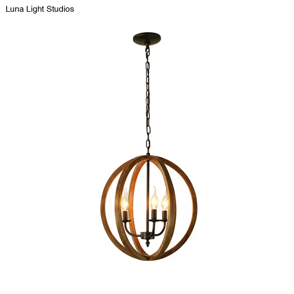 Industrial 3-Light Wooden Sphere Chandelier Pendant for Dining Room in Brown