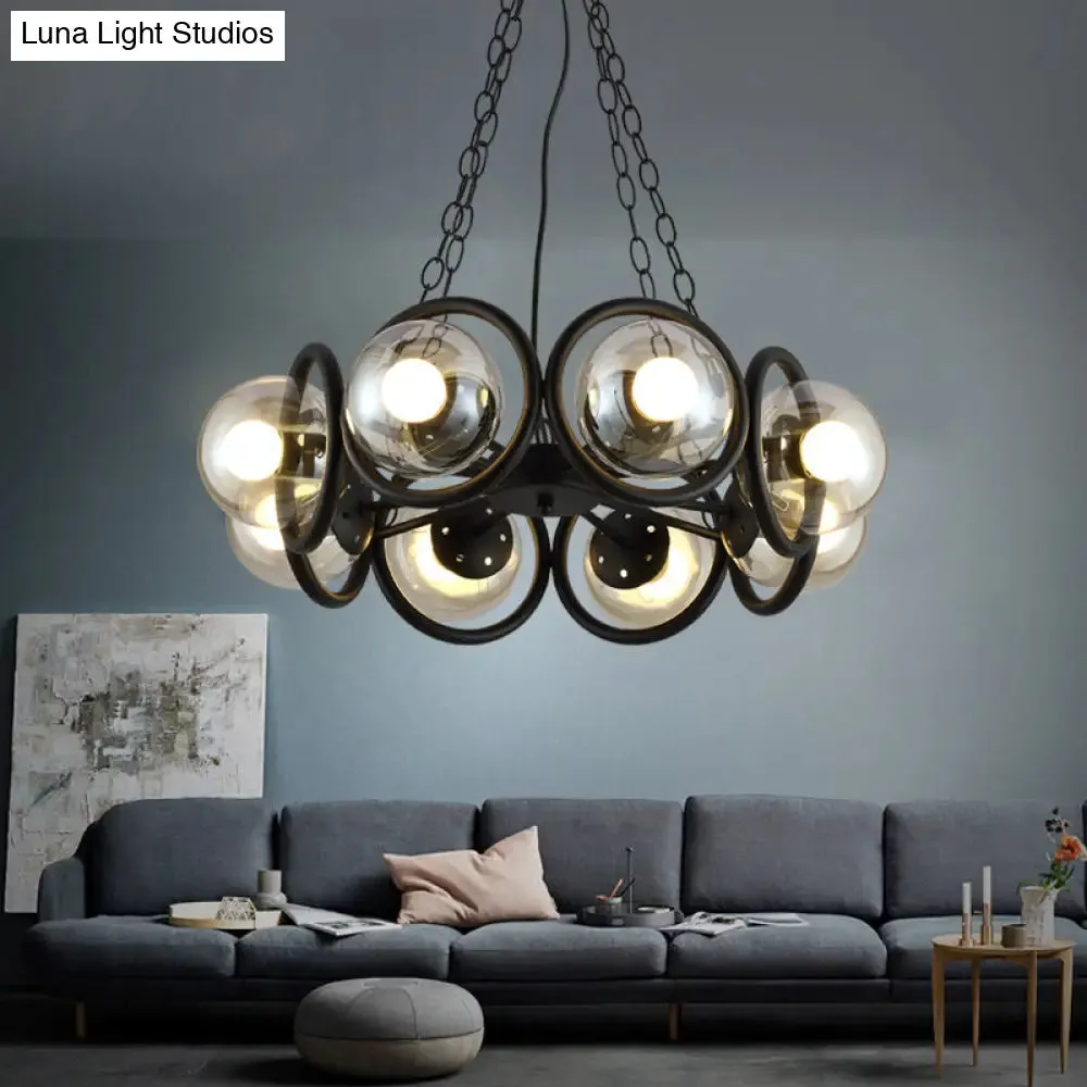 Industrial Black Chandelier Light with Clear Glass Globes and Round Cage - 6/8 Bulbs Pendant Fixture