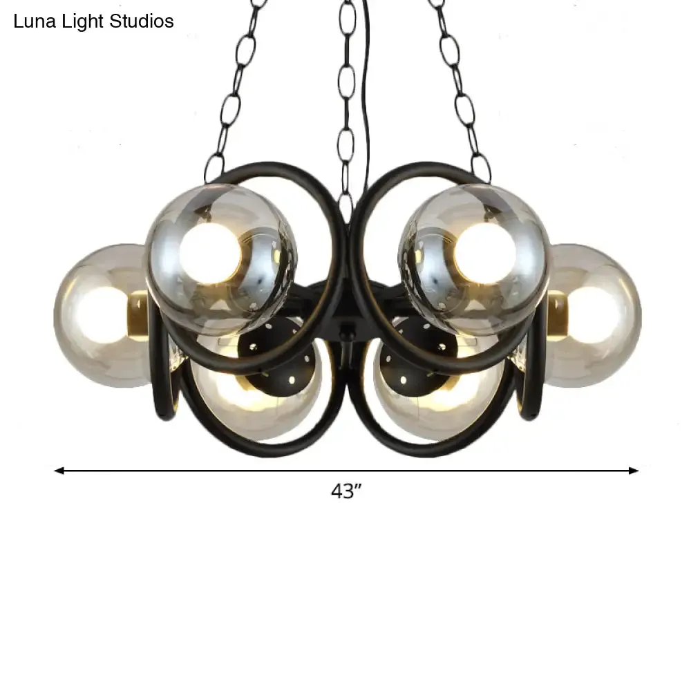 Industrial Black Chandelier Light with Clear Glass Globes and Round Cage - 6/8 Bulbs Pendant Fixture