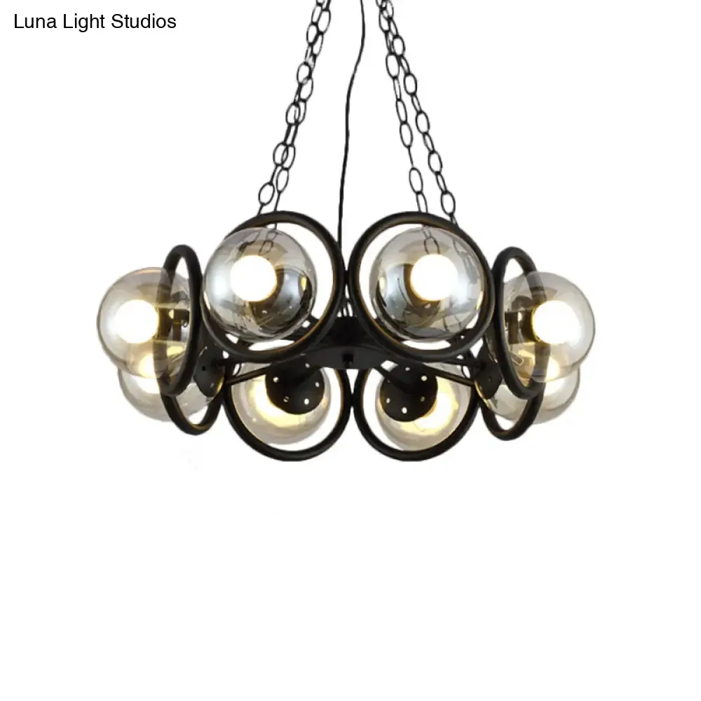 Industrial Black Chandelier Light with Clear Glass Globes and Round Cage - 6/8 Bulbs Pendant Fixture