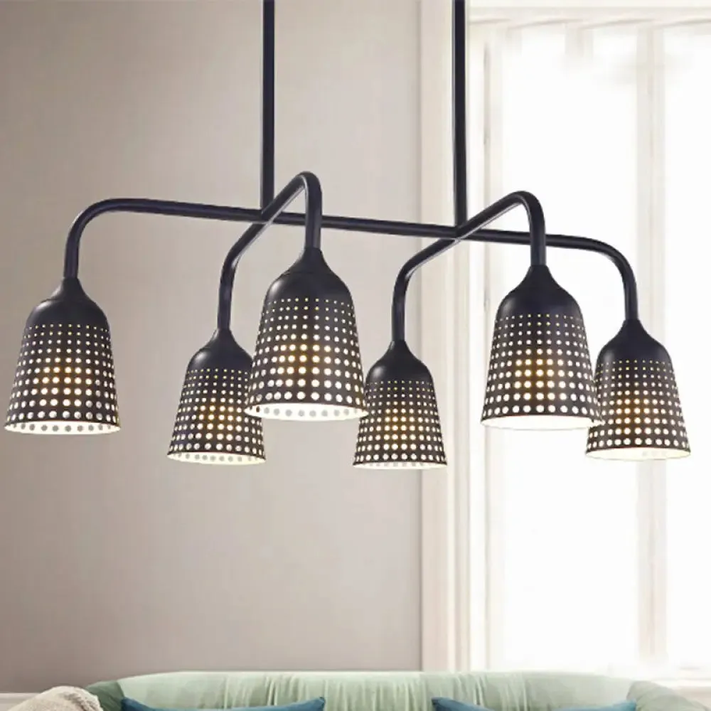 Industrial Black Metal Pendant Light with 6 Mesh Bell Shades and Island Style