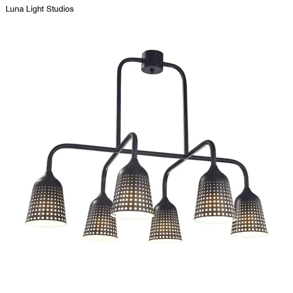 Industrial Black Metal Pendant Light with 6 Mesh Bell Shades and Island Style