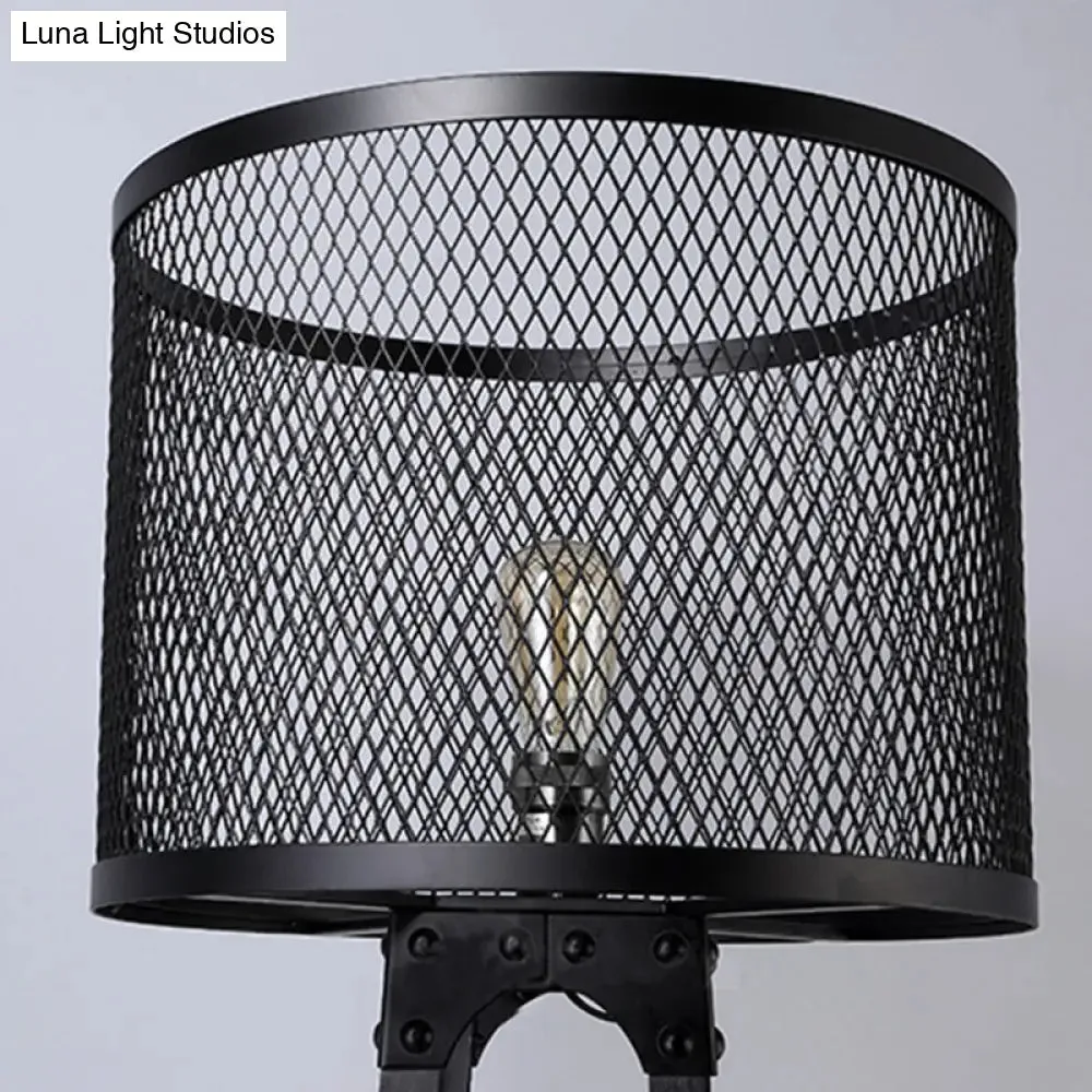 Industrial Black Metal Standing Floor Light with Mesh Screen and Drum Shade