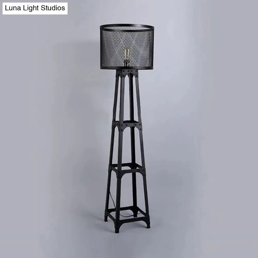 Industrial Black Metal Standing Floor Light with Mesh Screen and Drum Shade