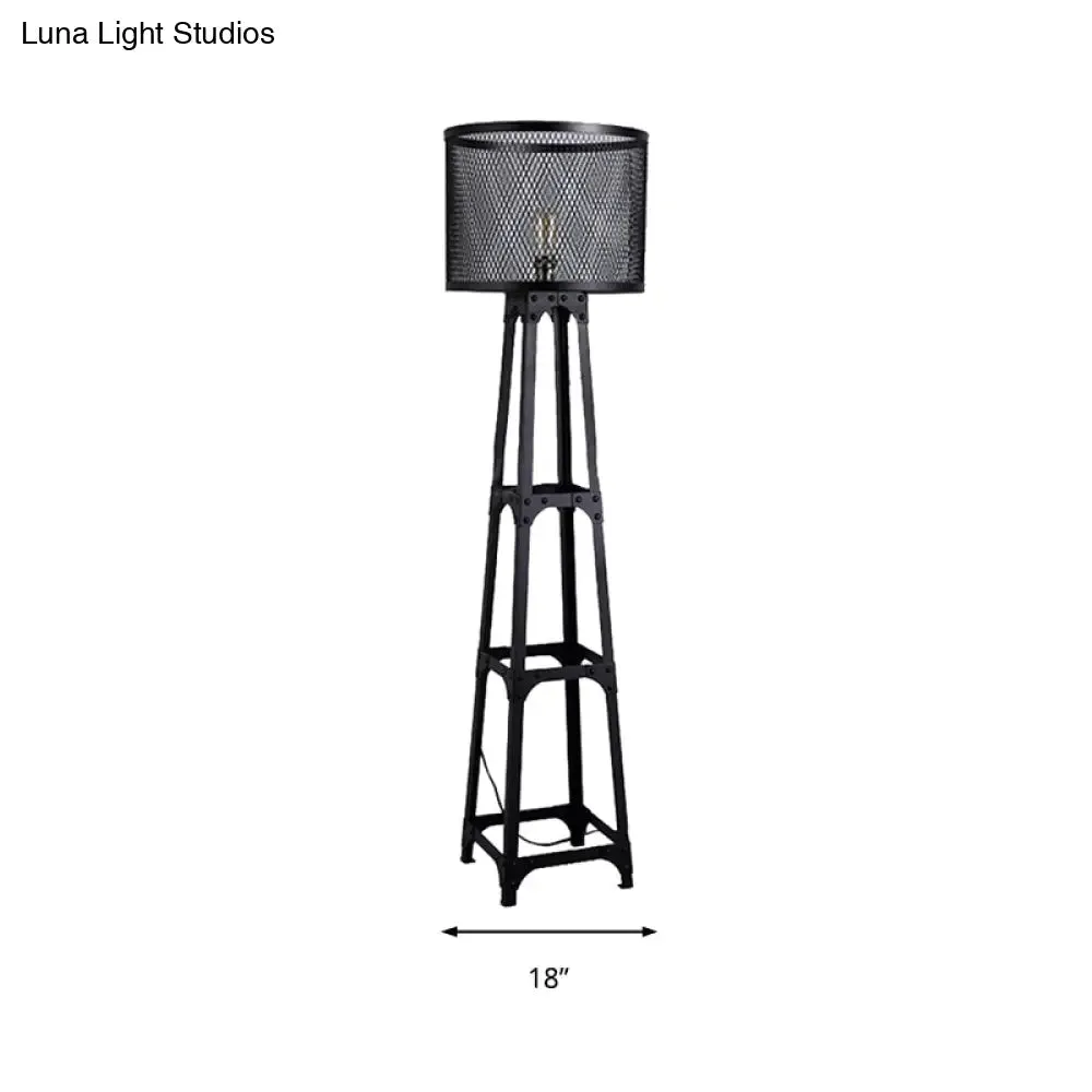 Industrial Black Metal Standing Floor Light with Mesh Screen and Drum Shade